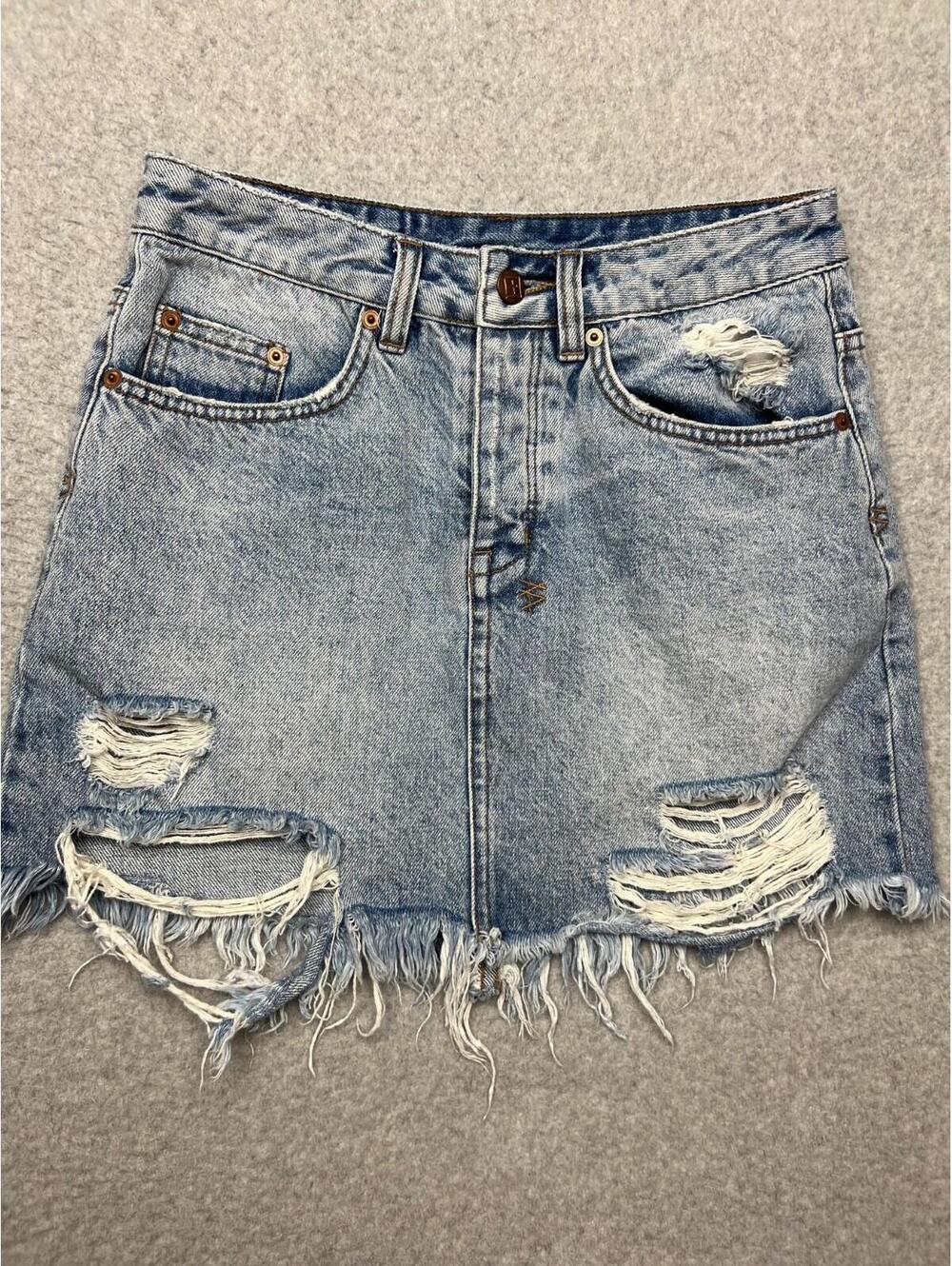 Ksubi Distressed Denim Mini Skirt Size 24 Button-Fly Mid Wash Japan Designer *